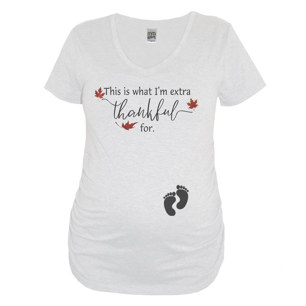 White This Is What I'm Extra Thankful For Maternity Shirt With Leaves And Baby Feet Print - It's Your Day Clothing