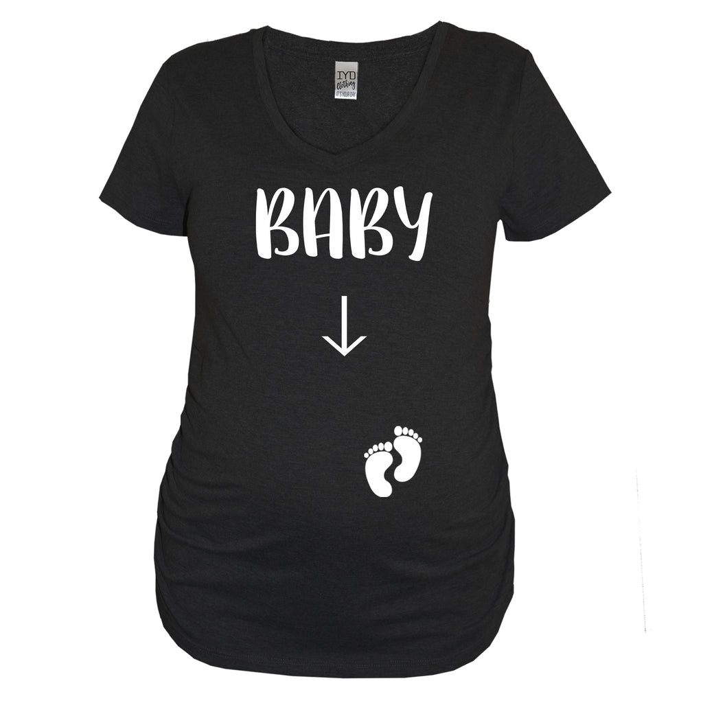 Black Baby Maternity V Neck Shirt With Arrow Pointing To Belly - It's Your Day Clothing