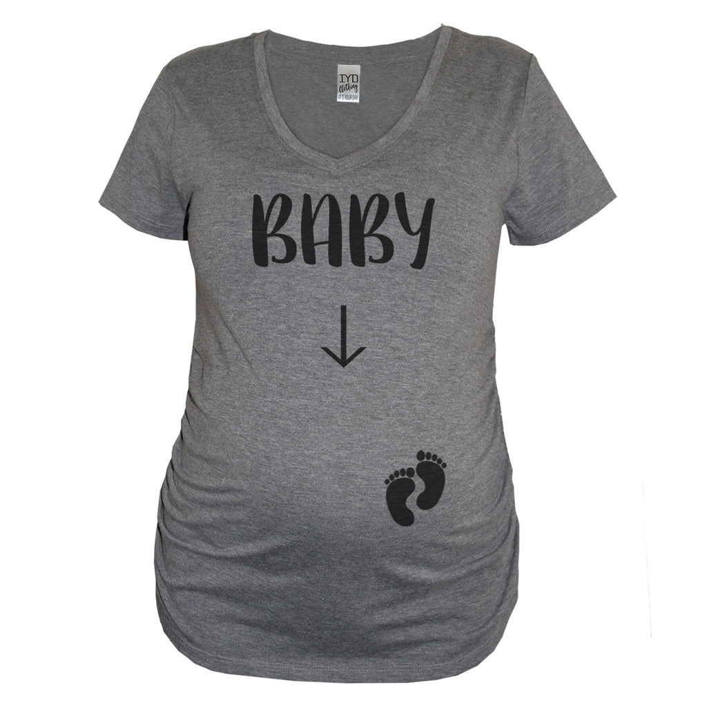Heather Gray Baby Maternity V Neck Shirt With Arrow Pointing To Belly - It's Your Day Clothing