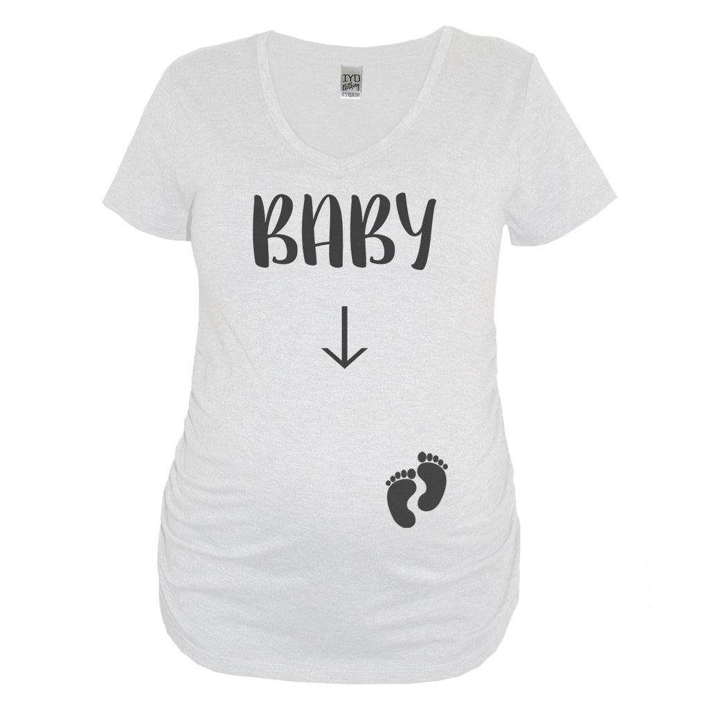 White Baby Maternity V Neck Shirt With Arrow Pointing To Belly - It's Your Day Clothing