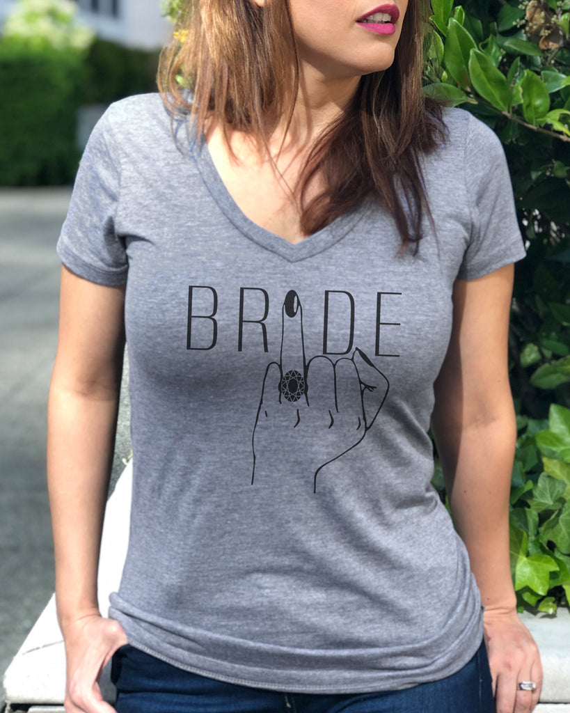 Bride Custom Wedding Finger Heather Gray Women's V Neck Shirt - It's Your Day Clothing