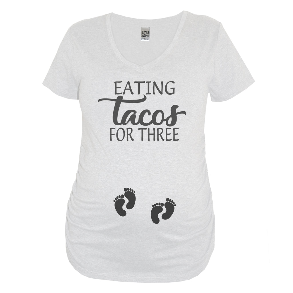 White Eating Tacos For Three Maternity V Neck With Two Sets Of Baby Foot Prints On Belly - It's Your Day Clothing