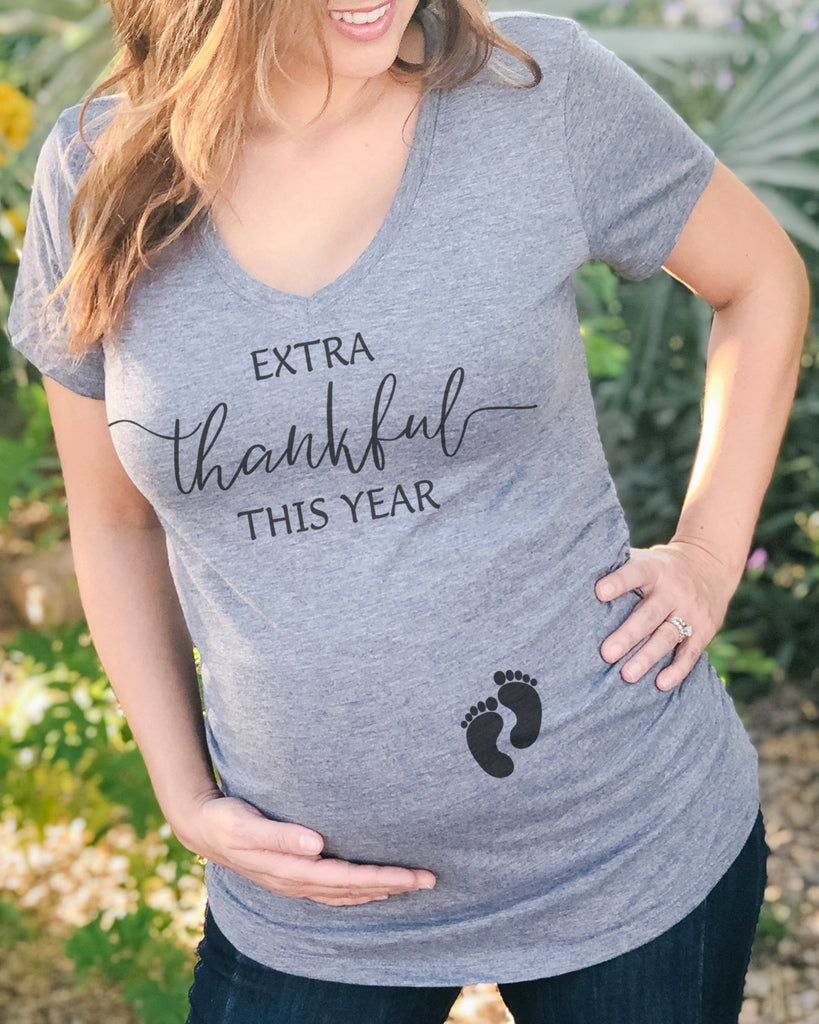 Extra Thankful This Year Baby Feet Maternity V Neck Shirt - It's Your Day Clothing