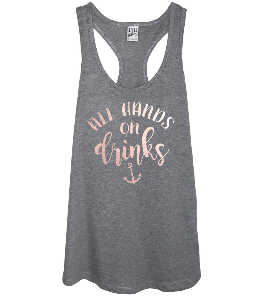 All Hands On Drinks Heather Gray Tank Top With Rose Gold Print - It's Your Day Clothing