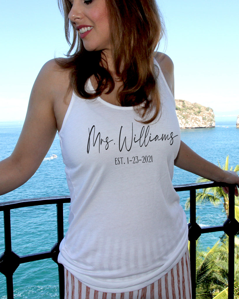 White Custom Mrs. Est. Tank Top On Model - It's Your Day Clothing