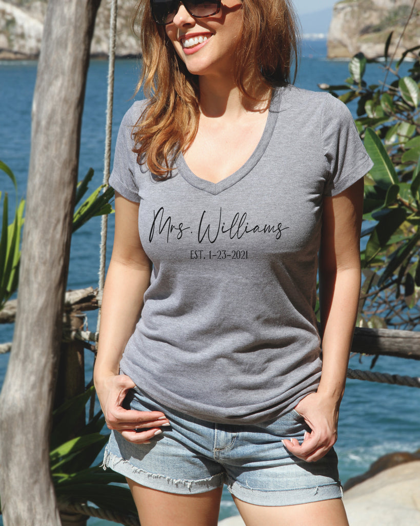 Mrs. _Your Last Name_ Est. _Wedding Date_ Custom V Neck