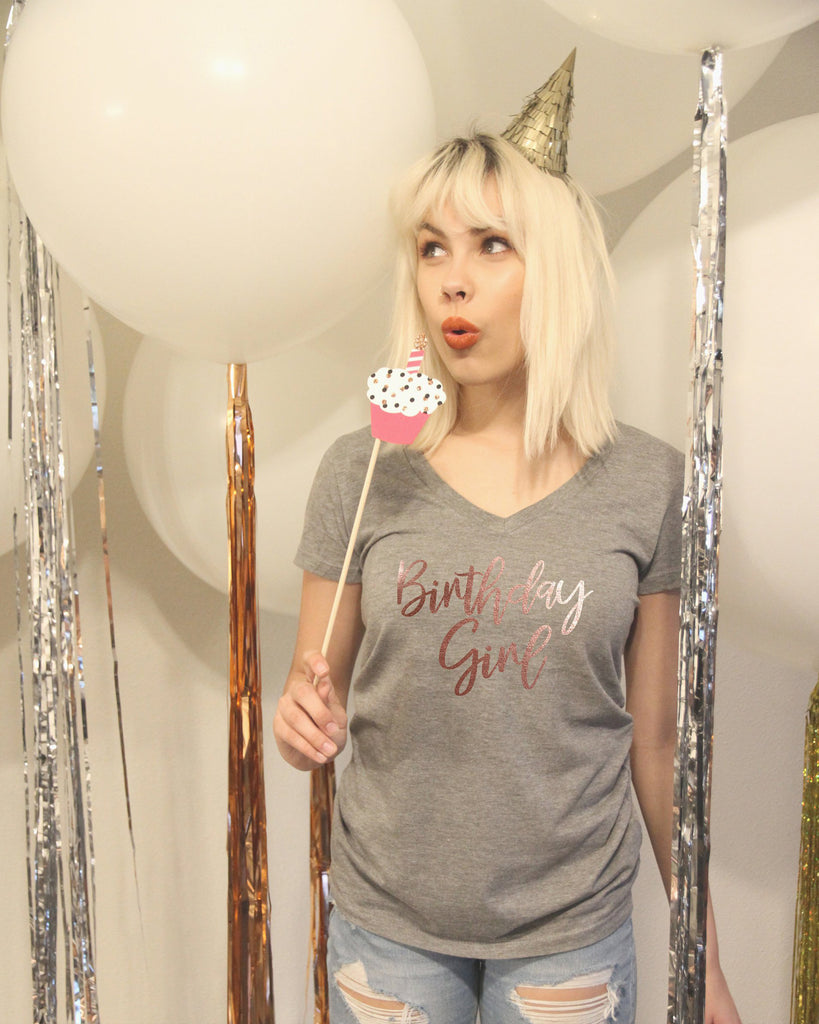 Rose Gold Birthday Girl V Neck Shirt - It's Your Day Clothing