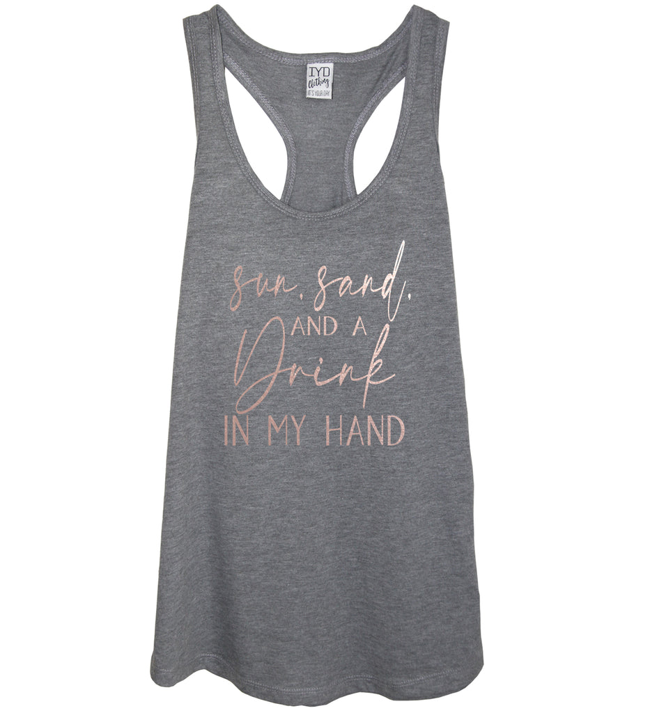 Heather Gray Sun, Sand, And A Drink In My Hand Tank With Metallic Rose Gold Print - It's Your Day Clothing