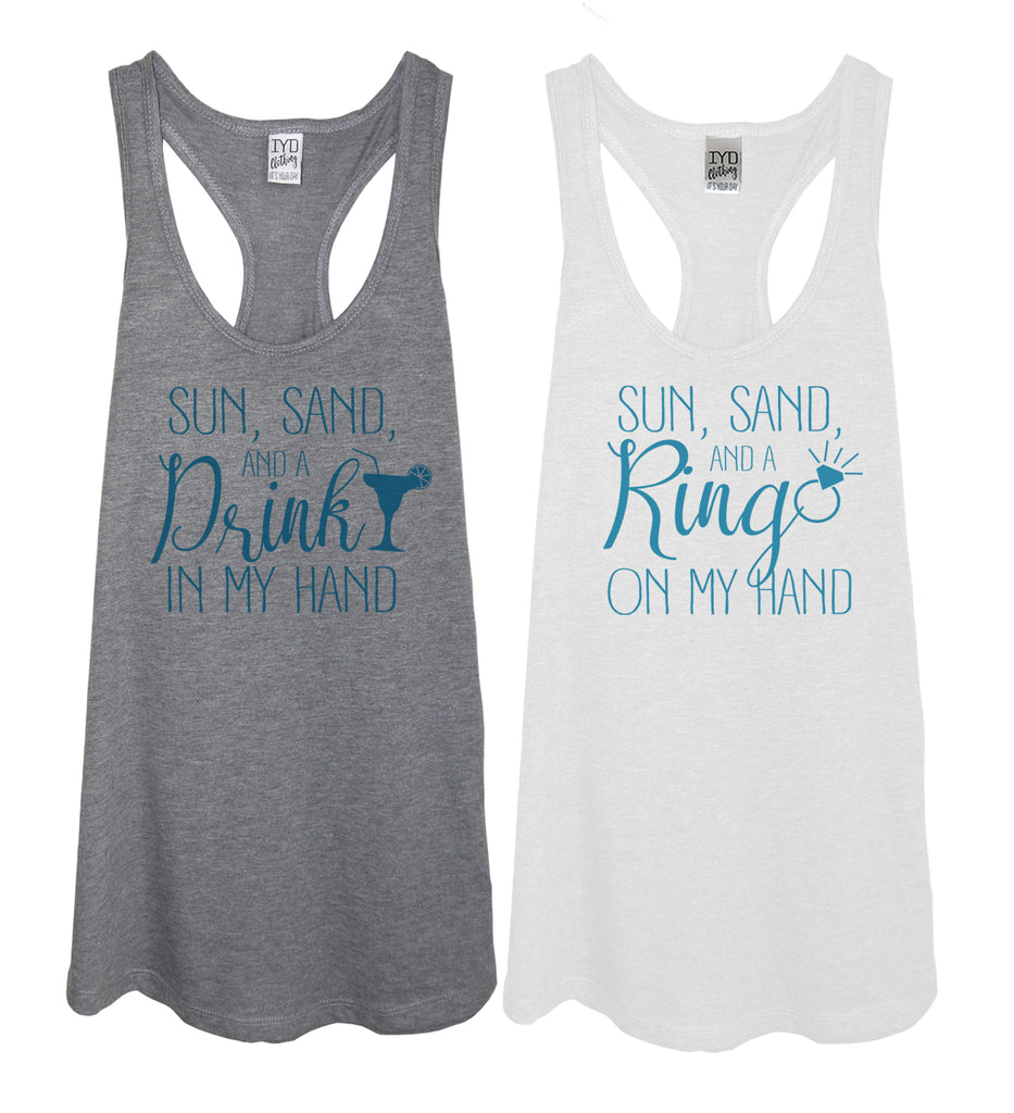 Heather Gray Sun, Sand, And A Drink In My Hand Tank With White Sun, Sand, And A Ring On My Hand Tank With Blue Print - It's Your Day Clothing