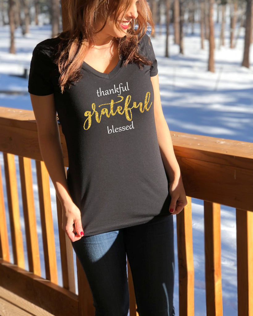 Thankful Grateful Blessed Glitter Shirt - It's Your Day Clothing