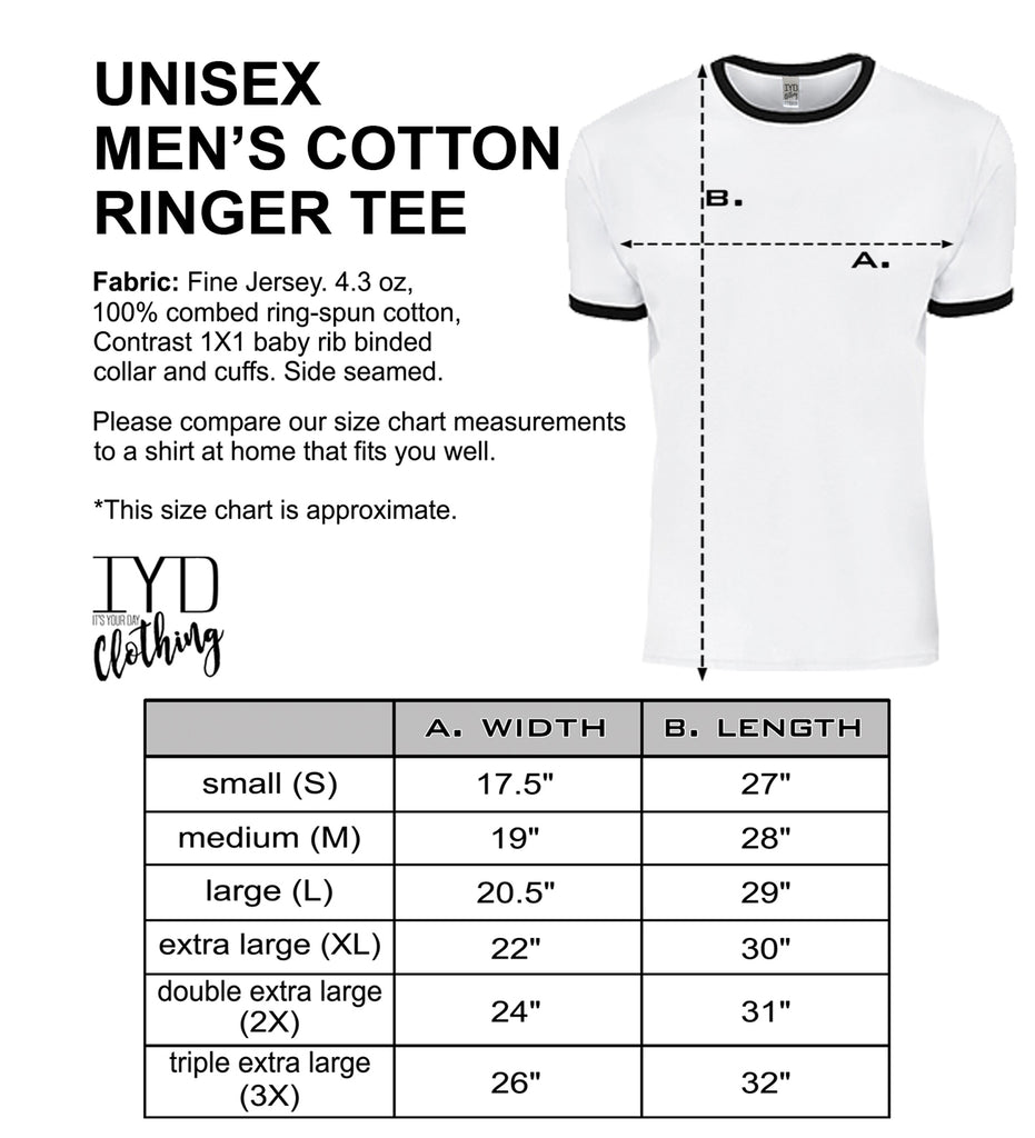 Unisex Men's Cotton Ringer Tee Size Chart - It's Your Day Clothing