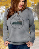 Close up of model wearing heather gray Autumn Market sweatshirt - It's Your Day Clothing 