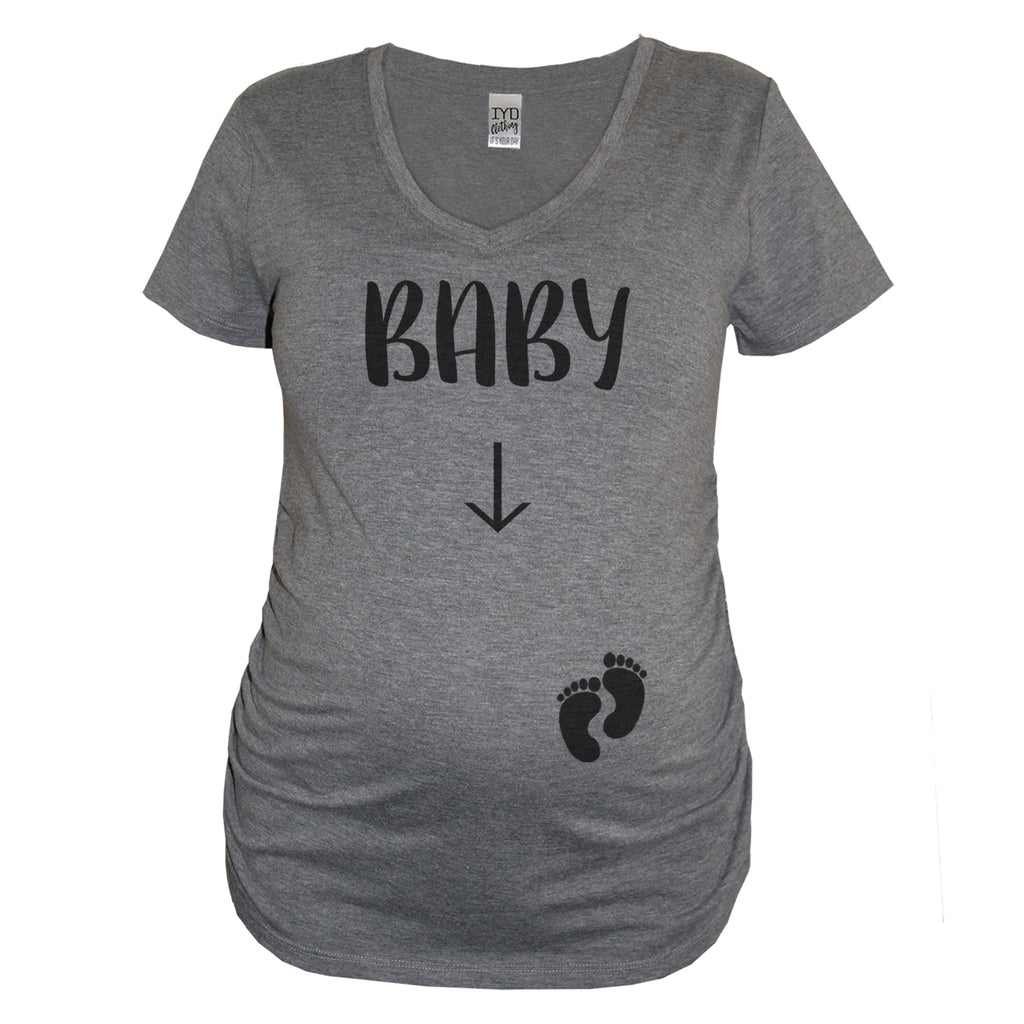 Heather Gray Baby Maternity V Neck  Shirt With Arrow Pointing To Belly - It's Your Day Clothing