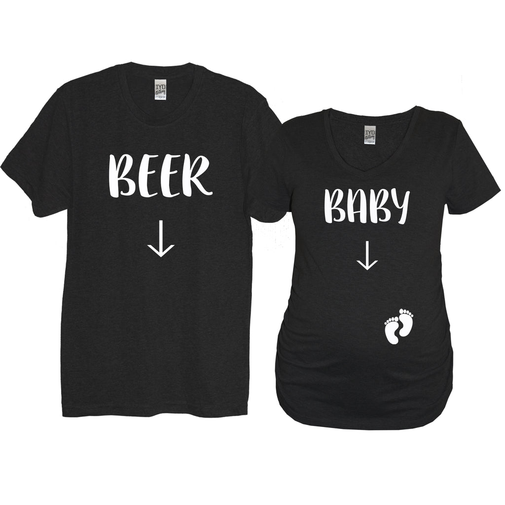 Black Beer and Baby With Baby Feet Couples Maternity Shirts With Arrows Pointing To Bellies - It's Your Day Clothing