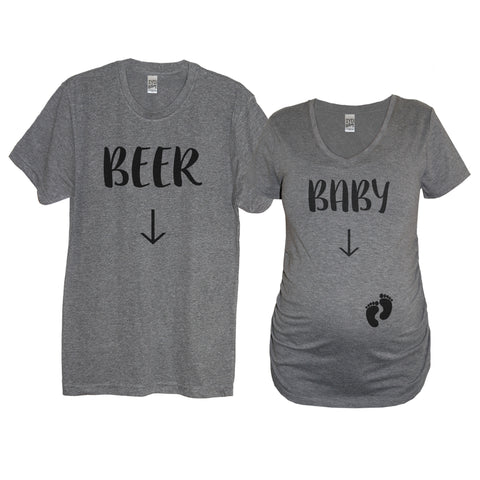 Heather Gray Beer and Baby With Baby Feet Couples Maternity Shirts With Arrows Pointing To Bellies - It's Your Day Clothing