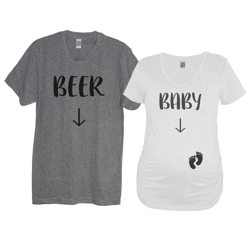 Heather Gray Beer and White Baby With Baby Feet Couples Maternity Shirts With Arrows Pointing To Bellies - It's Your Day Clothing