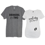Heather Gray Drinking For Two Crew Neck and White Eating For Two Maternity Shirt With Baby Feet On Belly - It's Your Day Clothing