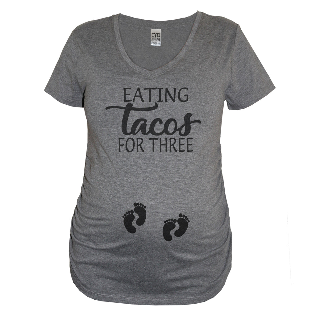 Heather Gray Eating Tacos For Three Maternity V Neck With Two Sets Of Baby Foot Prints On Belly - It's Your Day Clothing