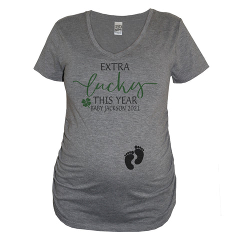 Heather Gray "Extra Lucky This Year" Custom Maternity V Neck With Clover And Baby Feet - It's Your Day Clothing