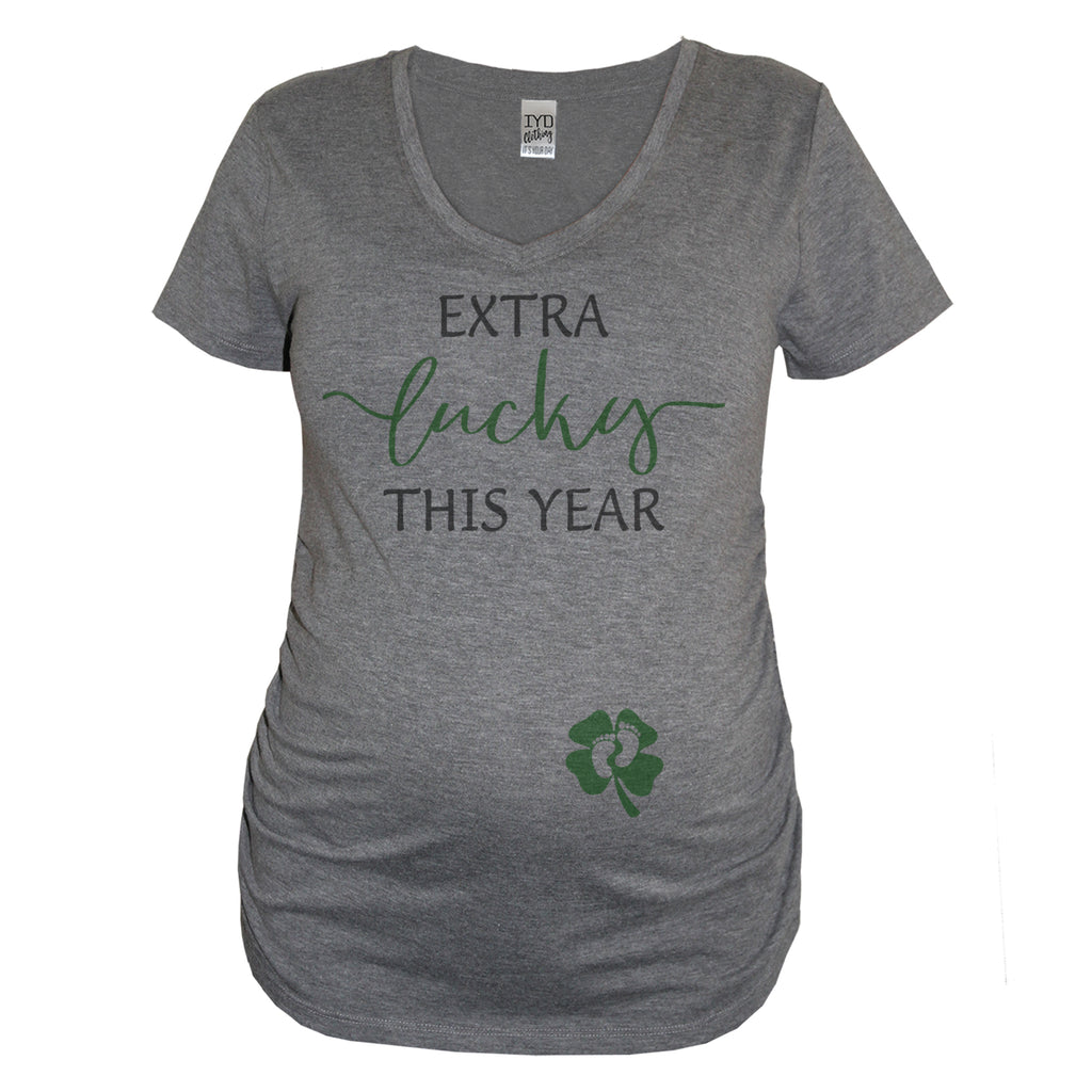 Heather Gray "Extra Lucky This Year" Maternity V Neck With Clover And Baby Feet - It's Your Day Clothing