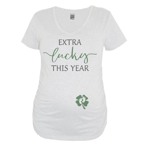 White "Extra Lucky This Year" Maternity V Neck With Clover And Baby Feet - It's Your Day Clothing