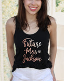 Future Mrs. Custom Black Tank Top With Rose Gold Print On Model Close Up - It's Your Day Clothing