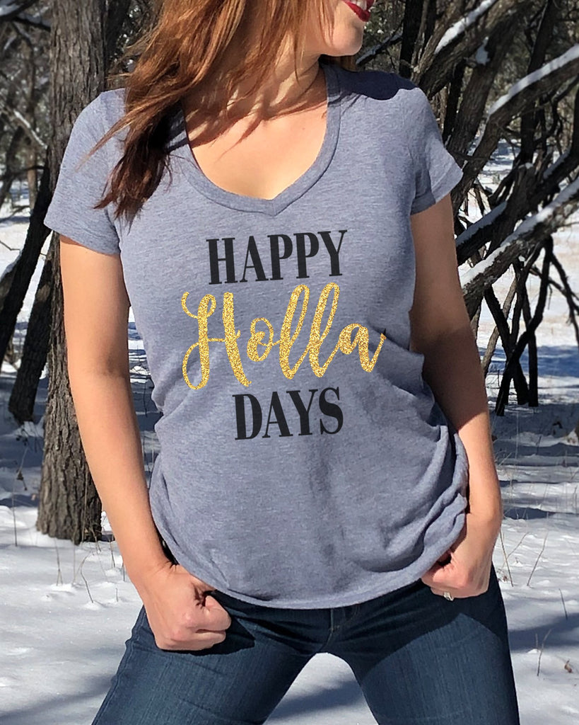 Happy Holla Days Glitter V Neck Shirt - It's Your Day Clothing