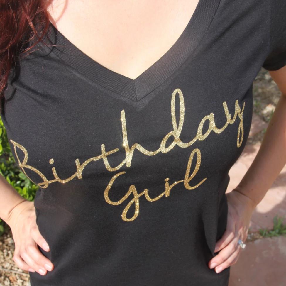 Glitter Gold Birthday Girl V Neck Shirt - It's Your Day Clothing