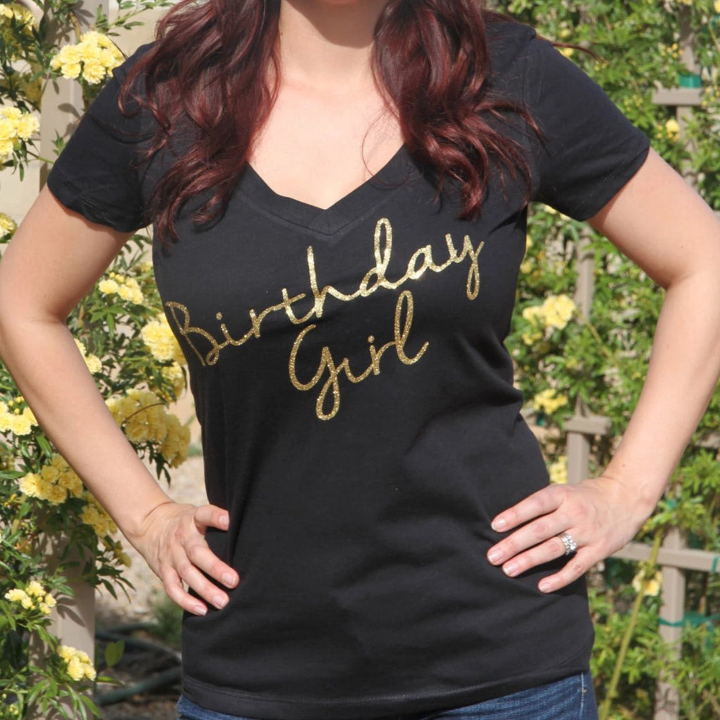 Glitter Gold Birthday Girl V Neck Shirt - It's Your Day Clothing