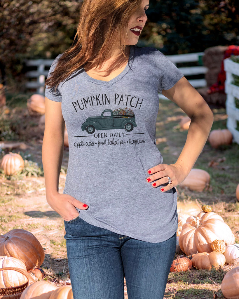 Model wearing "Pumpkin Patch" heather gray v neck - It's Your Day Clothing