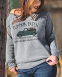 Close up model wearing heather gray Pumpkin Patch sweatshirt - It's Your Day Clothing