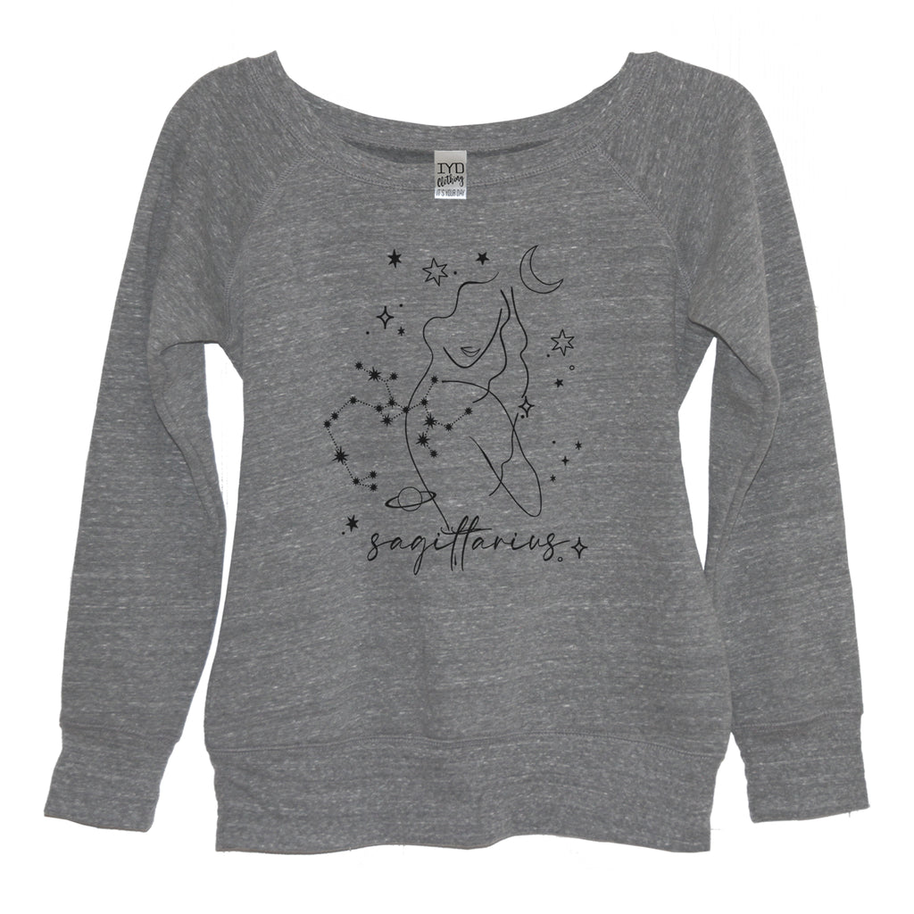Sagittarius Heather Gray Wide Neck Sweatshirt - It's Your Day Clothing