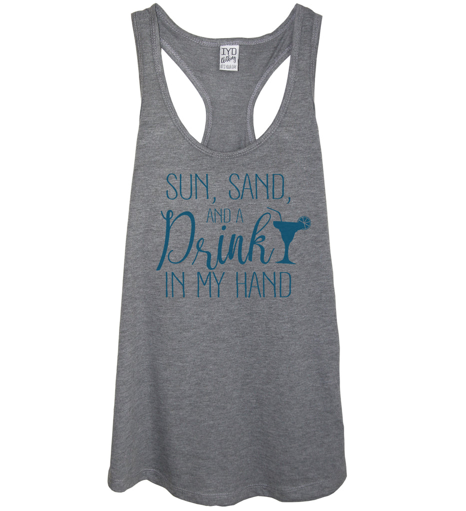 Heather Gray Sun, Sand, And A Drink In My Hand Tank With Blue Print - It's Your Day Clothing