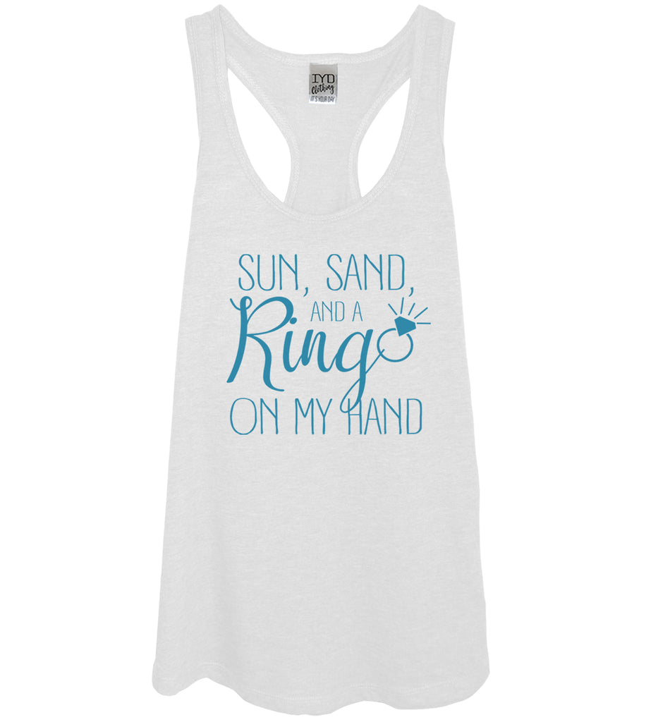 White Sun, Sand, And A Ring On My Hand Tank With Blue Print - It's Your Day Clothing