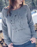 Close Up Model Wearing Taurus Heather Gray Wide Neck Sweatshirt - It's Your Day Clothing